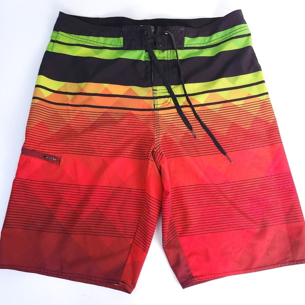 Hang Ten Board Shorts Size 32 Bright Color Waist Tie, 11" Inseam Zip Pocket